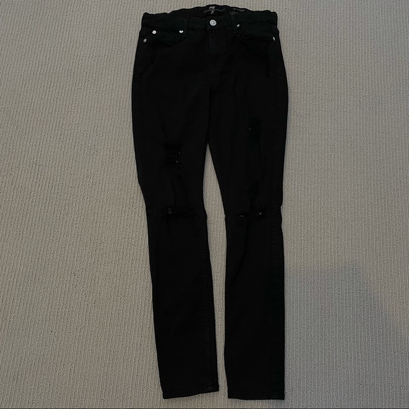 7 For All Mankind Denim - 7 for all mankind mid-rise the ankle skinny ripped black denim jeans - size 29